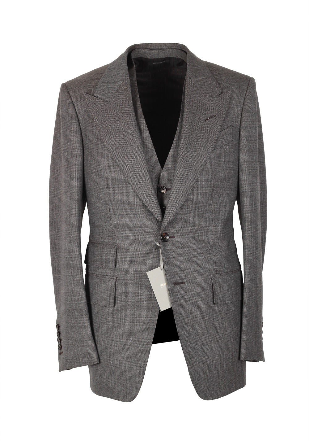 TOM FORD Shelton Brownish Gray Checked 3 Piece Suit Size 46 / 36R U.S. Wool