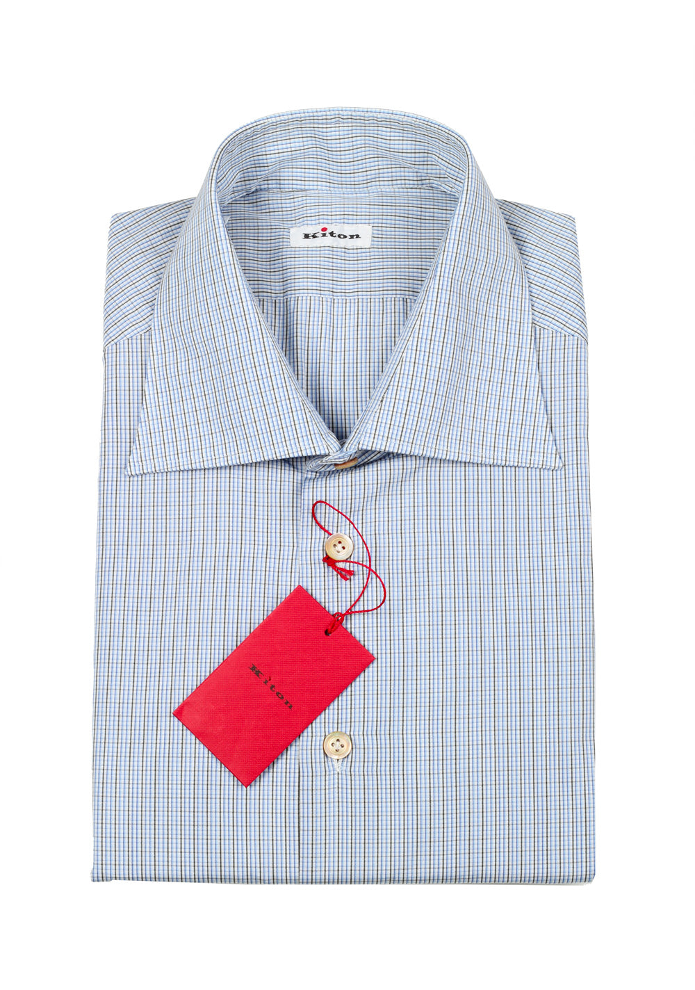 Kiton Checked White Blue Gray Shirt Size 40 / 15,75 U.S.