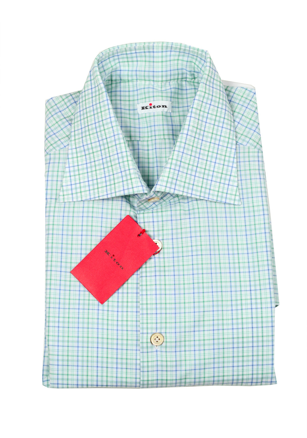 Kiton Checked White Green Blue Shirt Size 43 / 17 U.S.