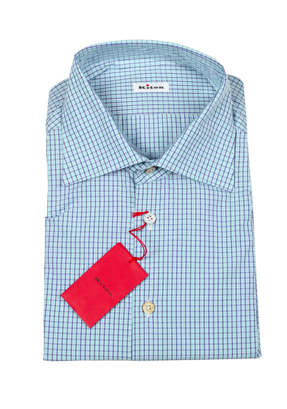 Kiton Checked White Green Blue Shirt Size 45 / 18 U.S.