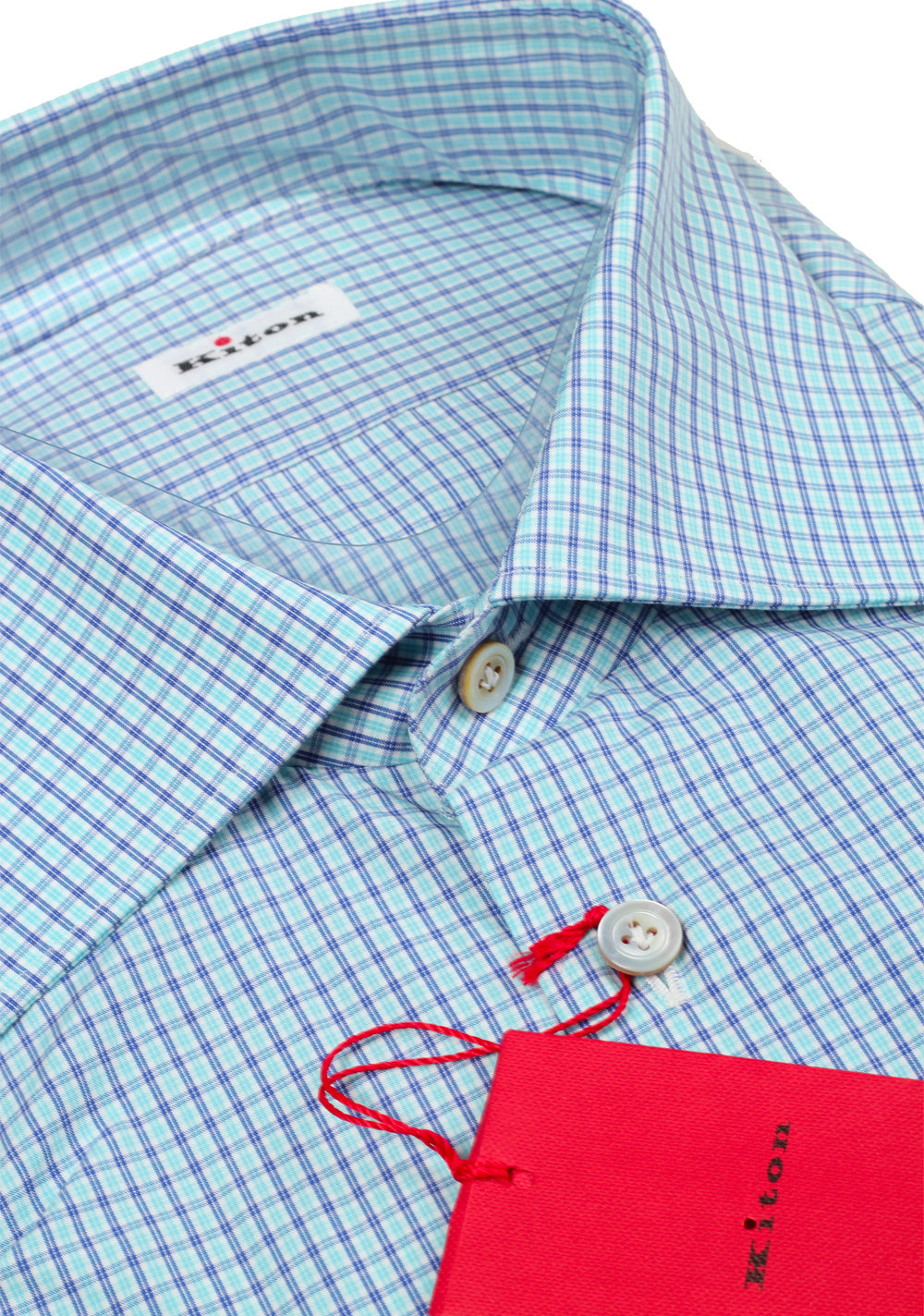 Kiton Checked White Green Blue Shirt Size 45 / 18 U.S.