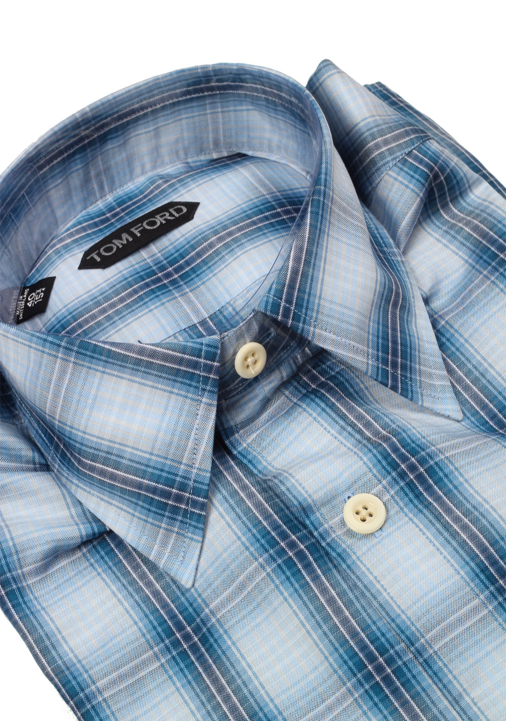 TOM FORD Checked White Blue Dress Shirt Size 40 / 15,75 U.S.