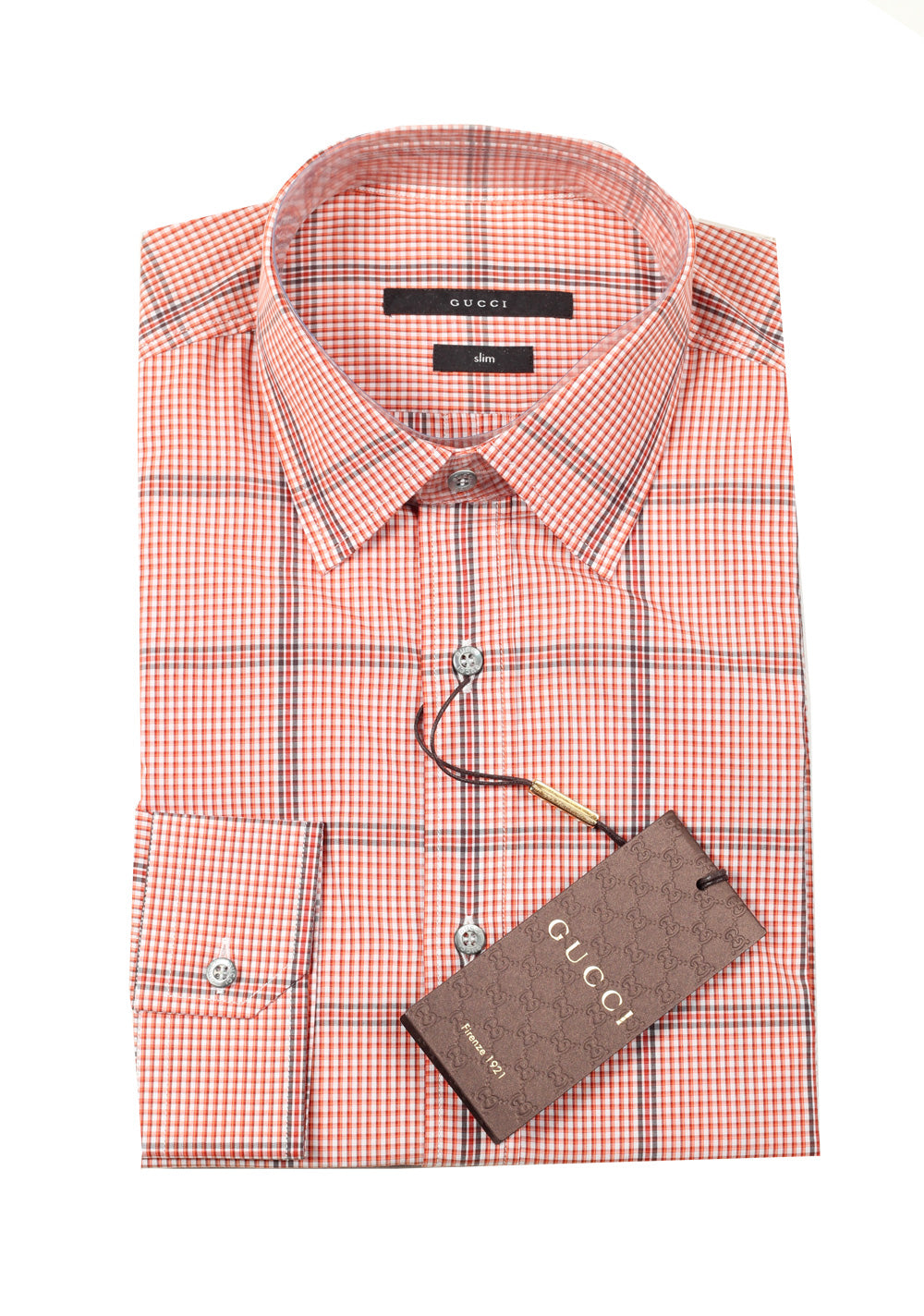 Gucci Checked Orange Dress Shirt Size 44 / 17,5 U.S. Slim