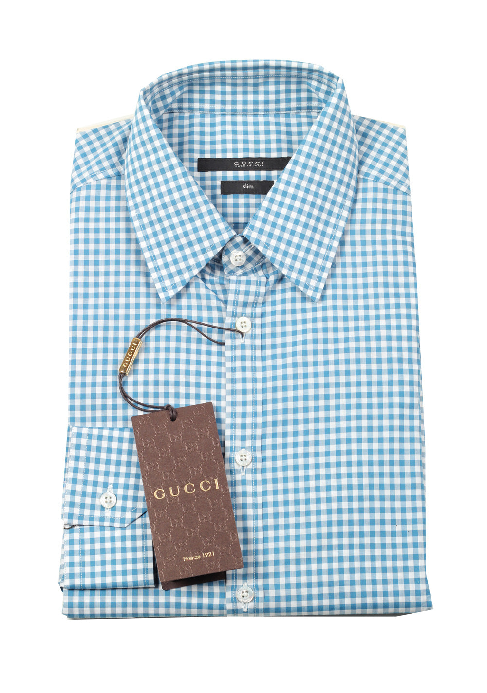 Gucci Checked Blue Dress Shirt Size 38 / 15 U.S. Slim