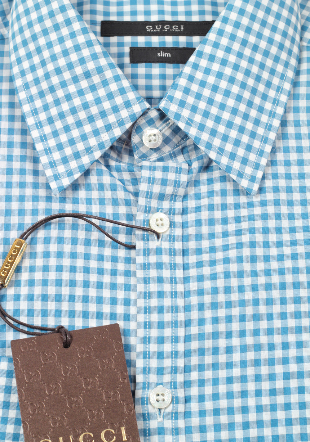 Gucci Checked Blue Dress Shirt Size 38 / 15 U.S. Slim