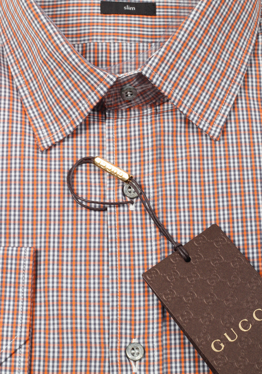 Gucci Checked Orange Dress Shirt Size 40 / 15,75 U.S. Slim