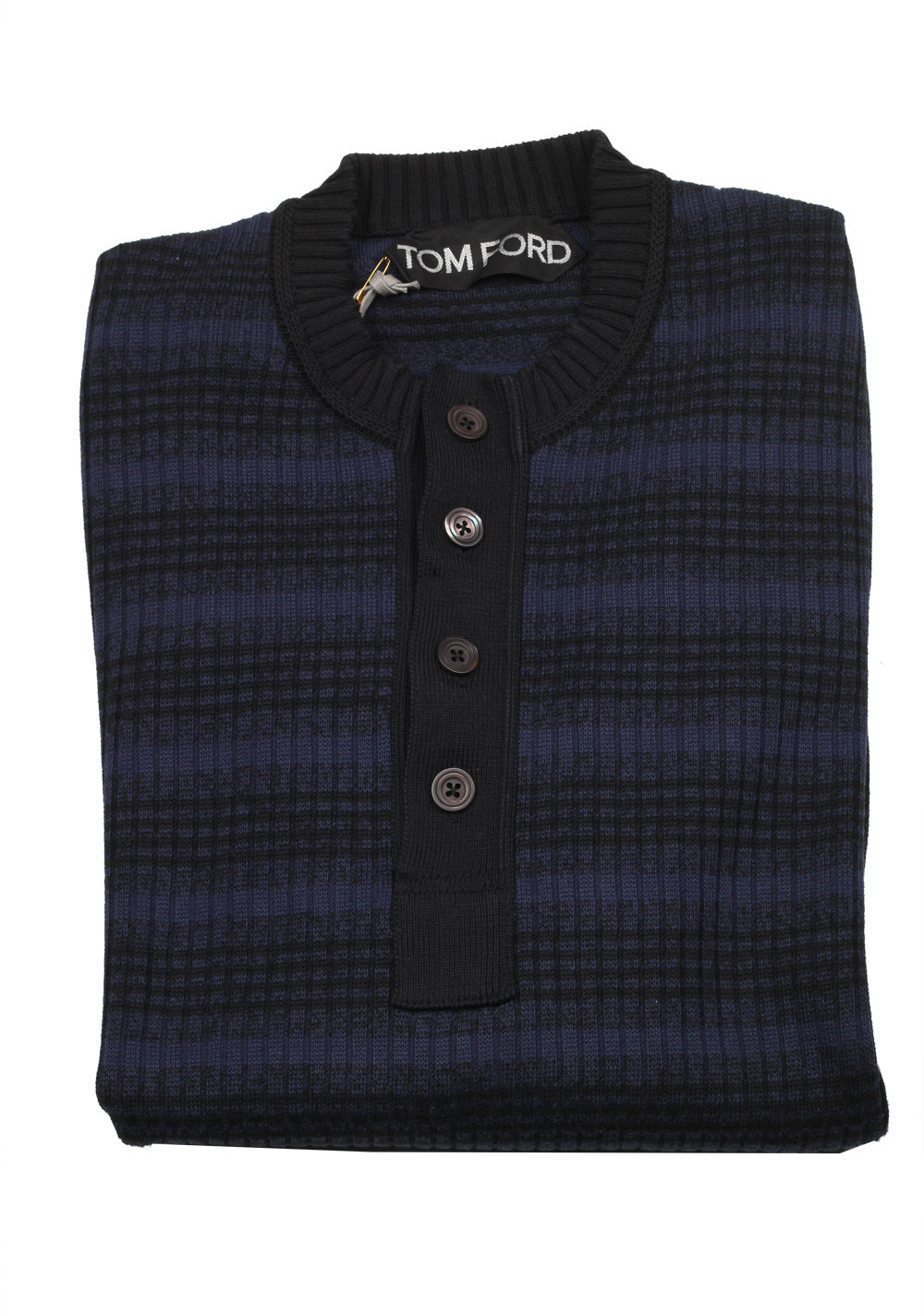 TOM FORD Black Blue Long Sleeve Henley Sweater Size 48 / 38R U.S. In Silk Blend