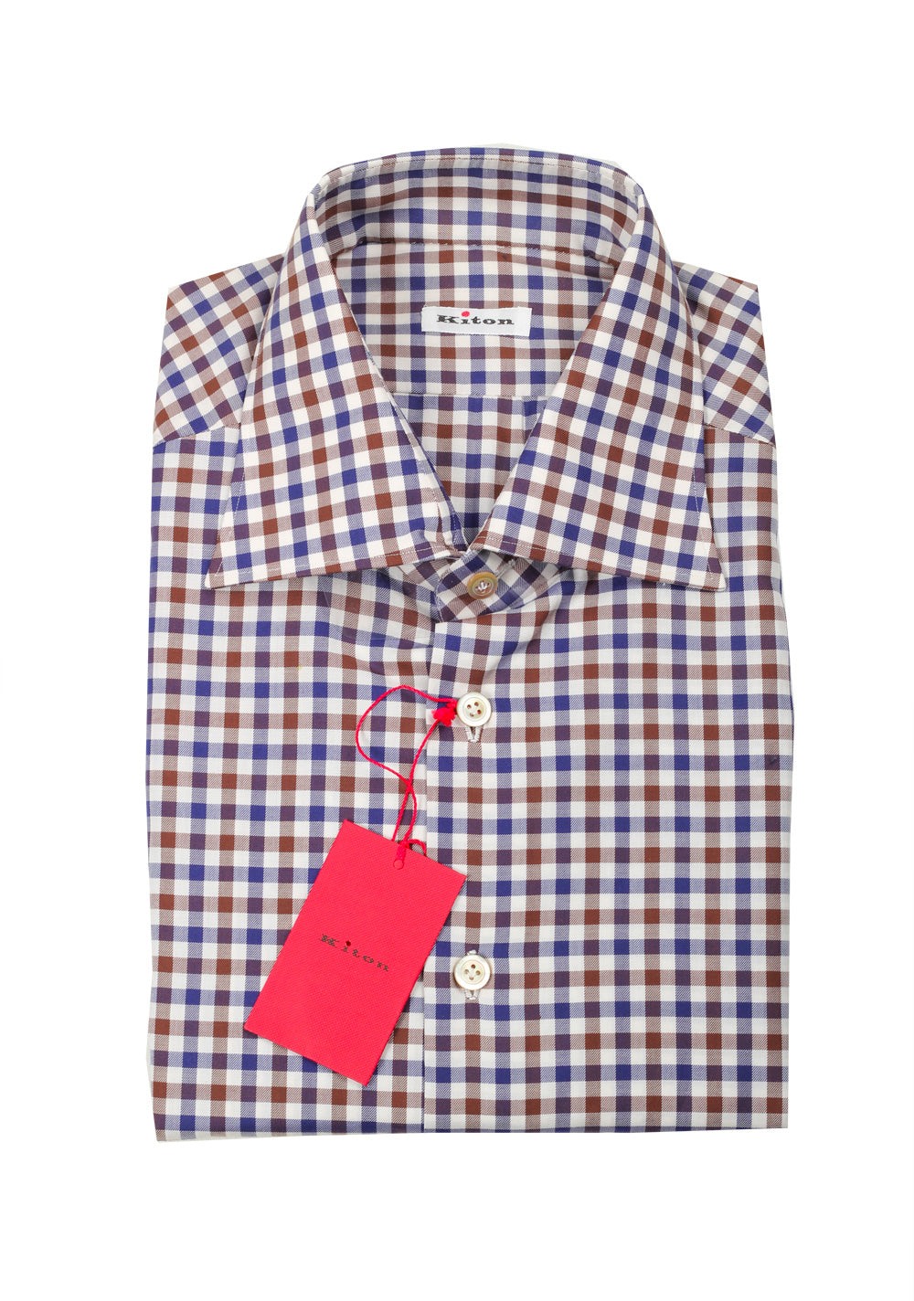 Kiton Checked White Blue Brown Shirt 43 / 17 U.S.