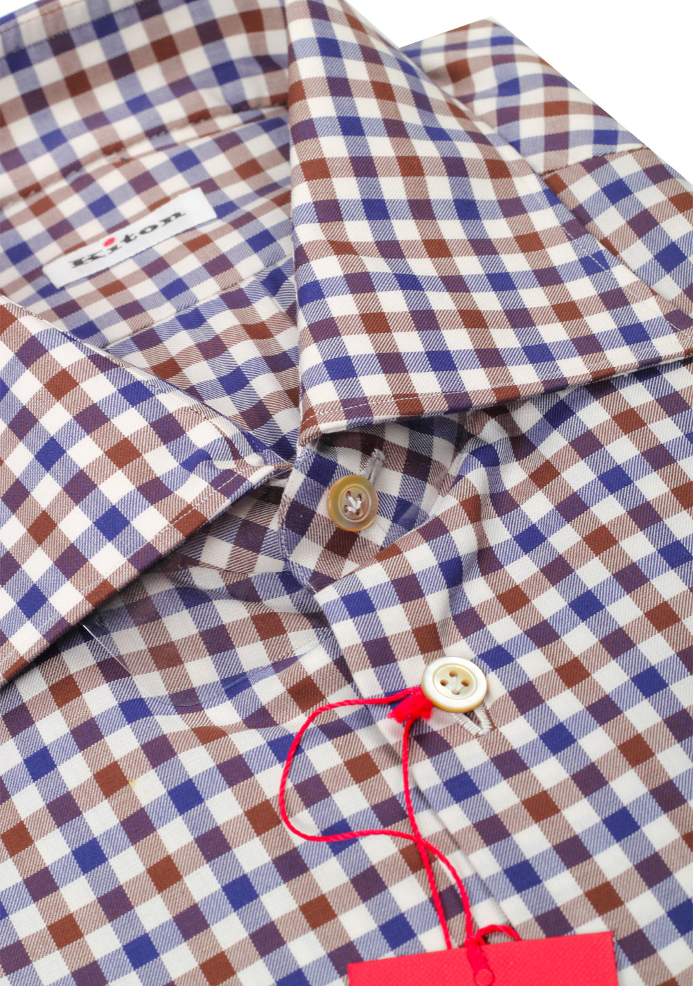 Kiton Checked White Blue Brown Shirt 43 / 17 U.S.
