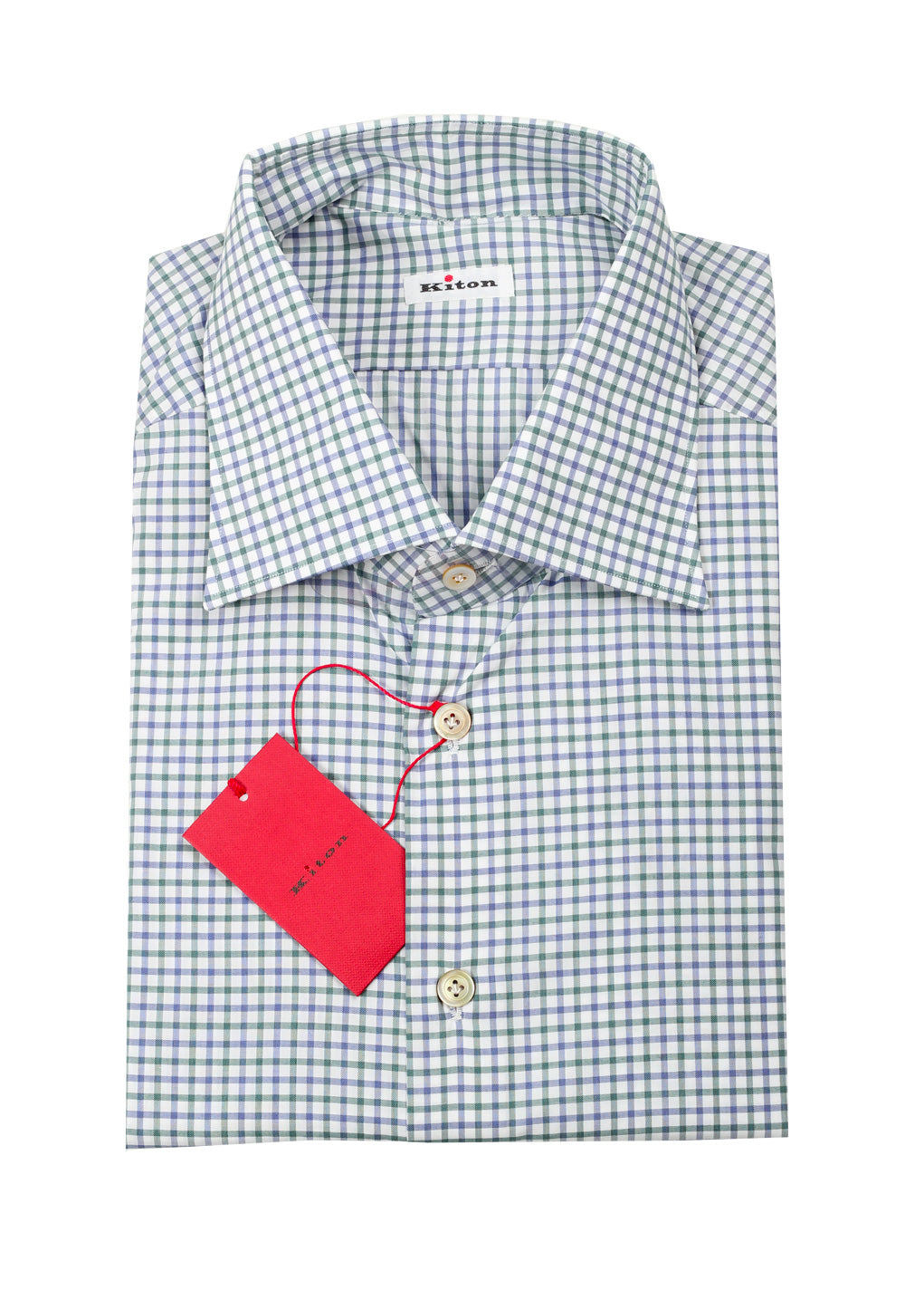 Kiton Checked White Blue Green Shirt 42 / 16,5 U.S.
