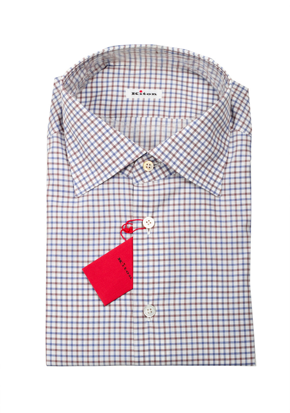 Kiton Checked White Blue Brown Shirt 45 / 18 U.S.