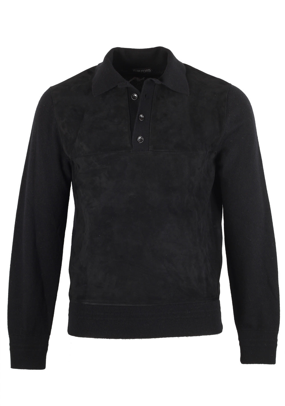 TOM FORD Black Suede Long Sleeve Polo Size 48 / 38R U.S. In Cashmere