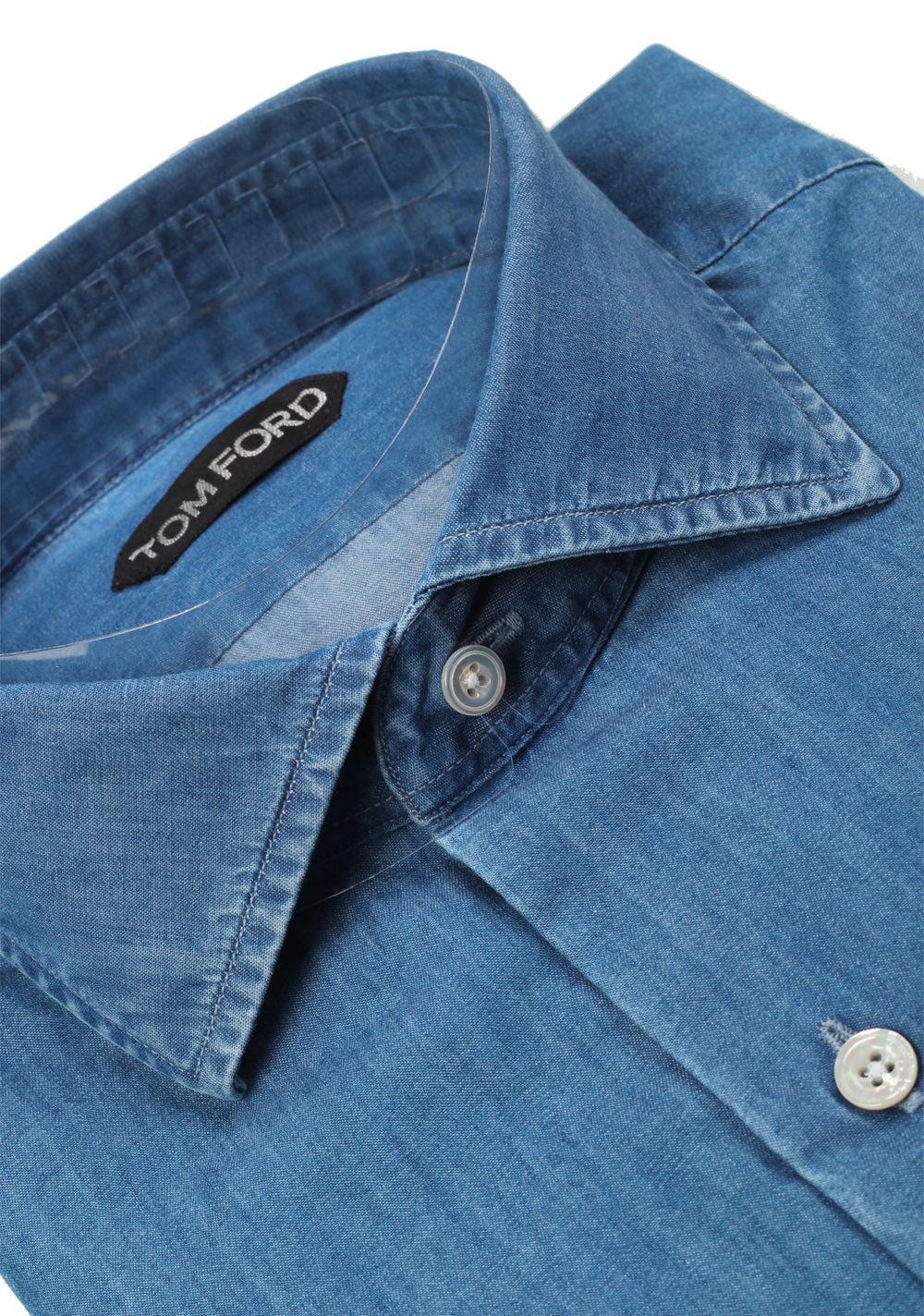 TOM FORD Solid Blue Denim Dress Shirt Size 44 / 17,5 U.S.