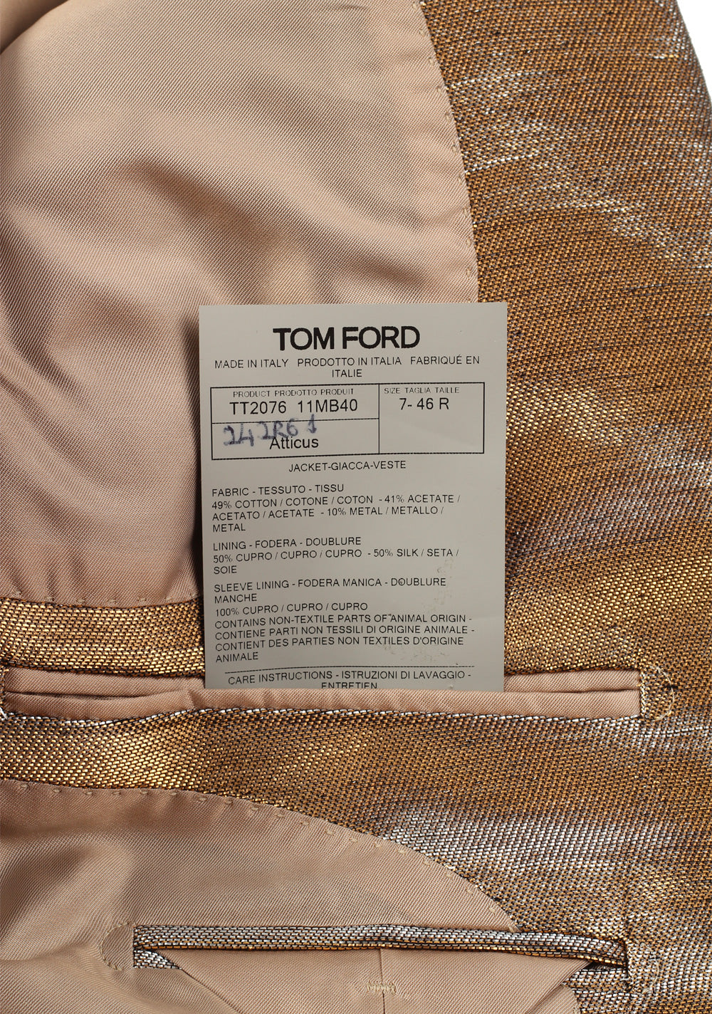 TOM FORD Atticus Gold Sport Coat Size 46 / 36R U.S.