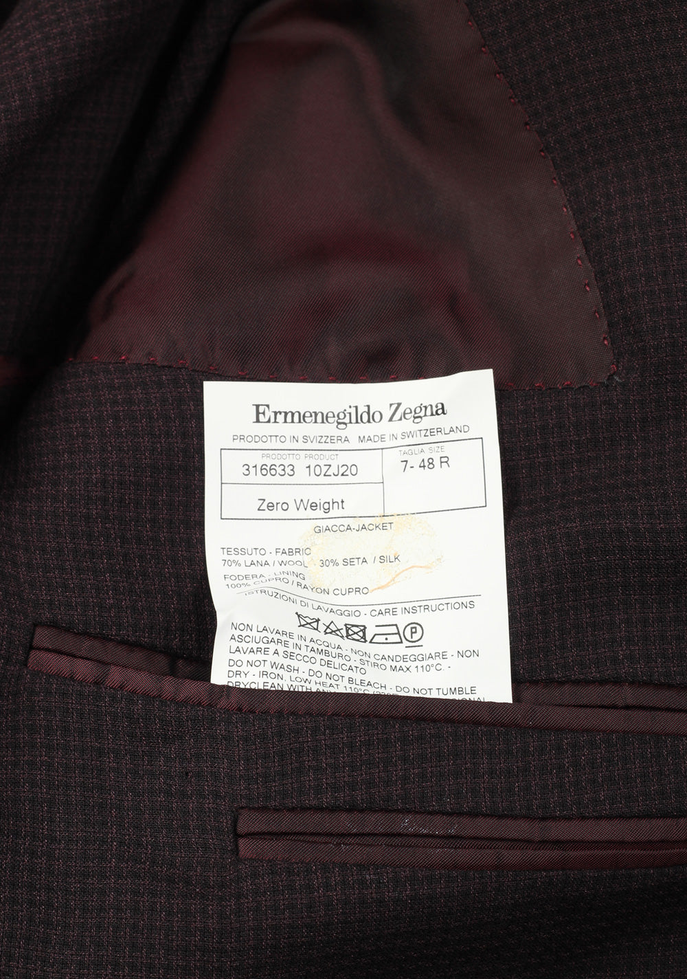 ZEGNA Zero Weight Burgundy Leggerissimo Checked Sport Coat Size 48 / 38R U.S. In Silk Blend