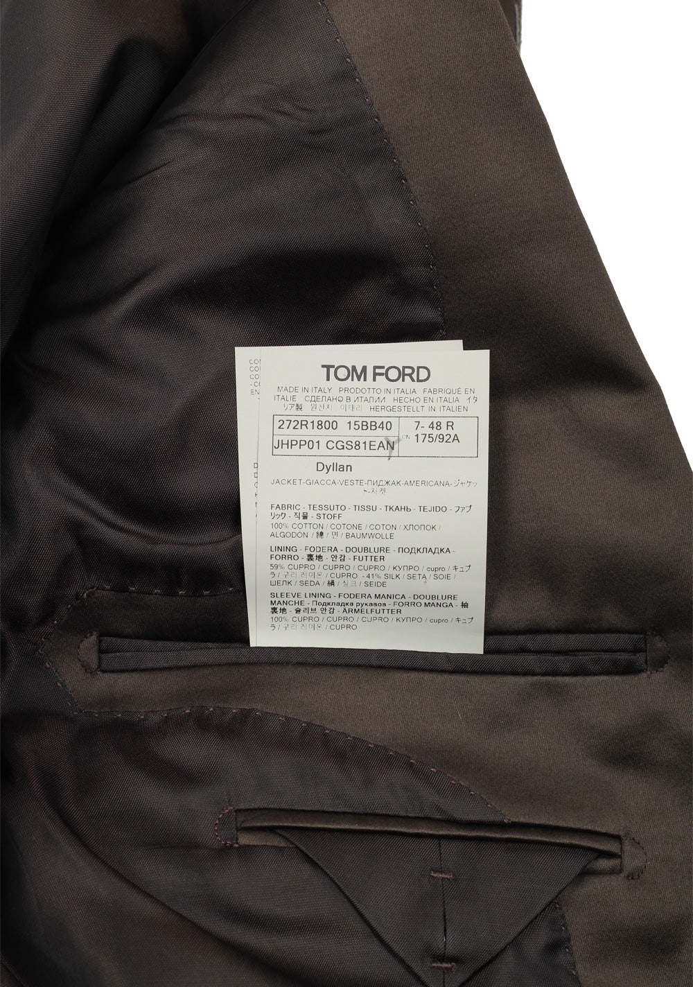 TOM FORD Dyllan Brown Suit Size 48 / 38R U.S. In Cotton