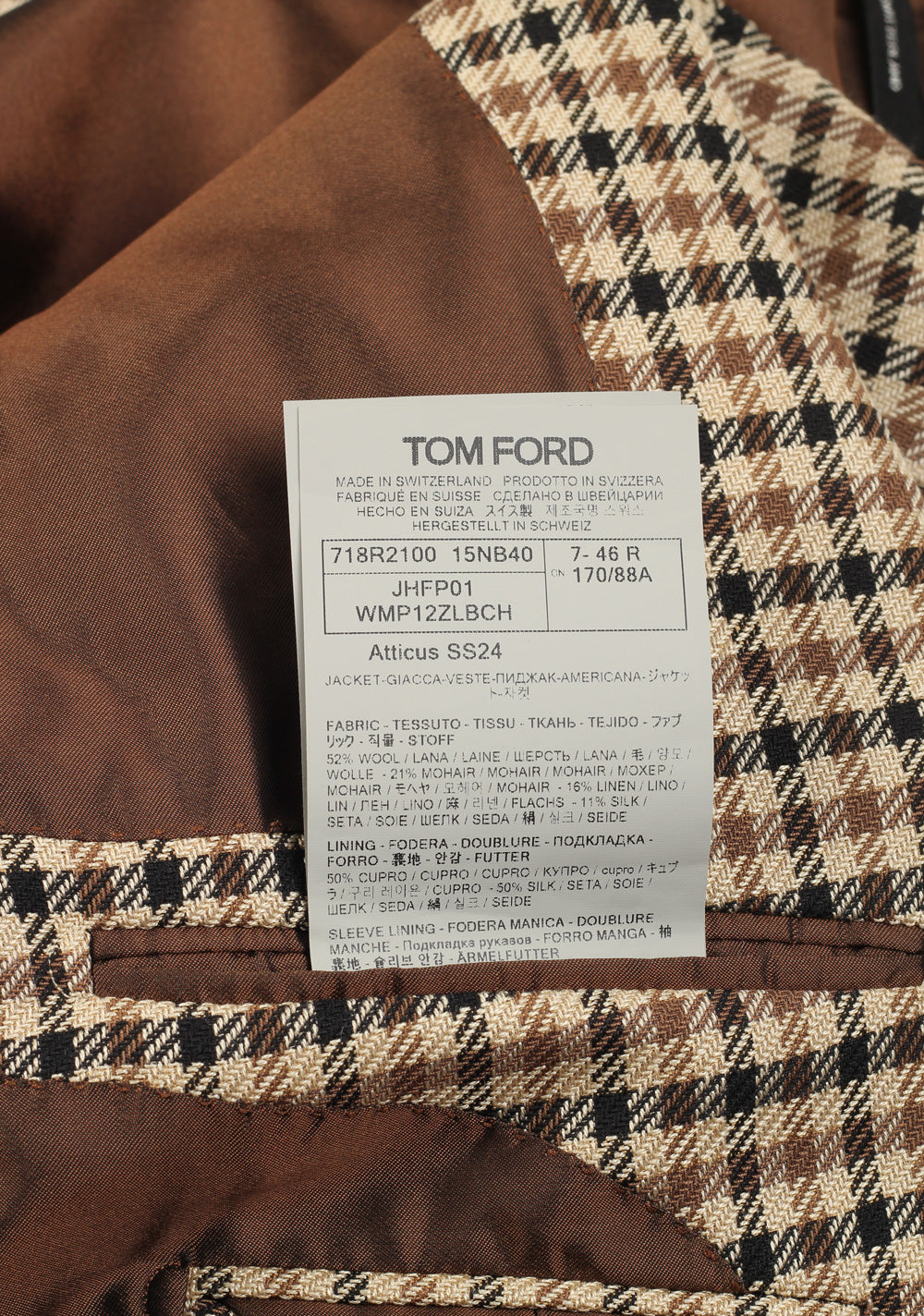 TOM FORD Atticus Checked Brown Sport Coat Size 46 / 36R U.S.