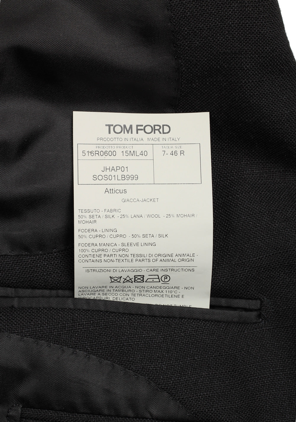 TOM FORD Atticus Black Solid Sport Coat Size 46 / 36R U.S.