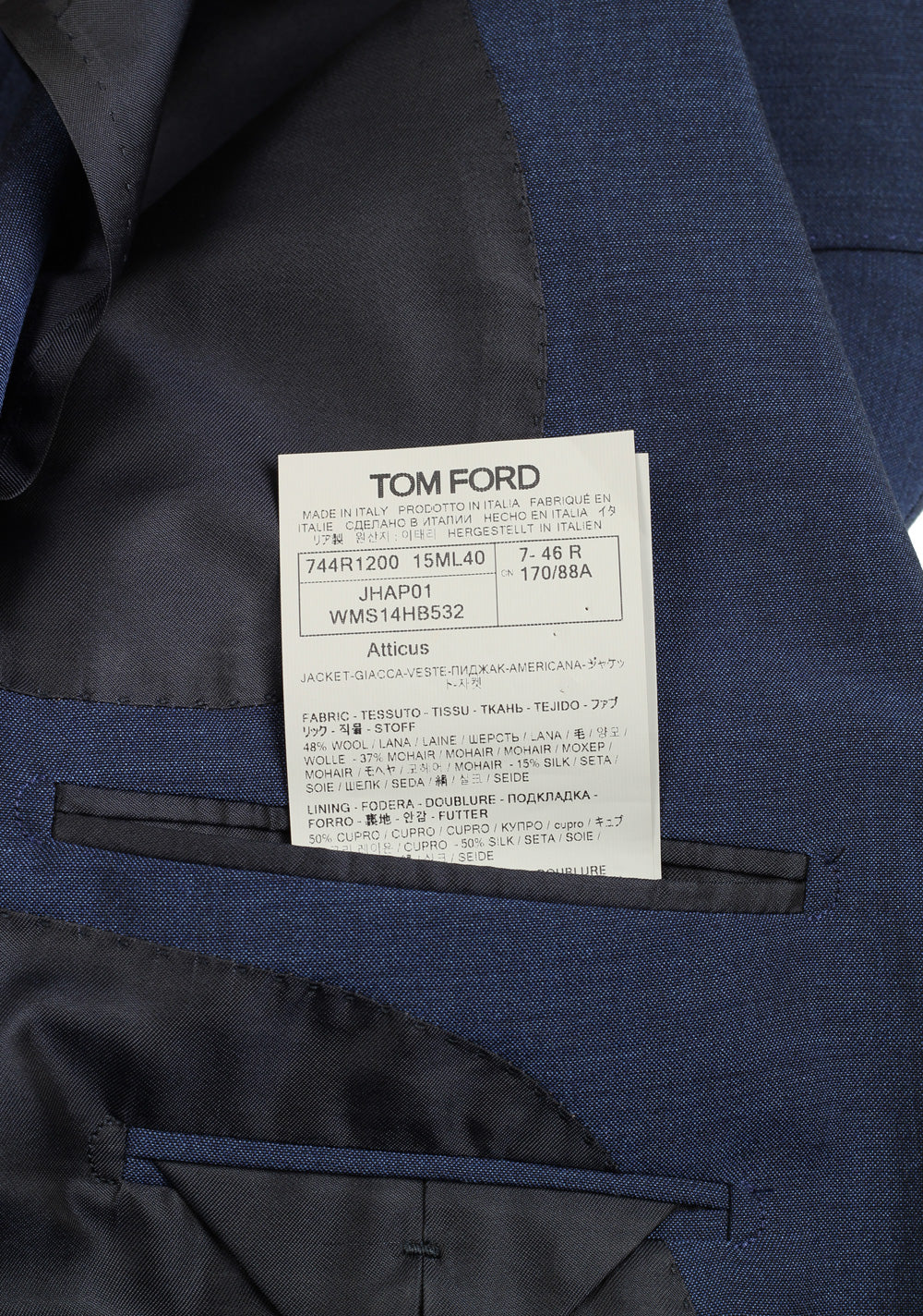 TOM FORD Atticus Blue Solid Sport Coat Size 46 / 36R U.S.