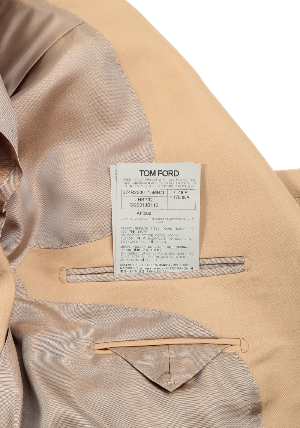 TOM FORD Atticus Beige Sport Coat Size 46 / 36R U.S.
