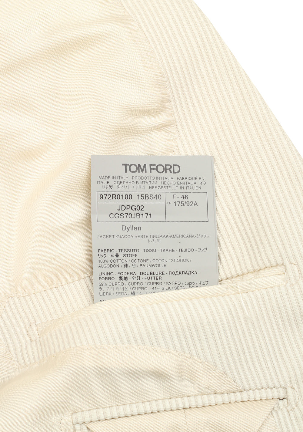TOM FORD Dyllan Off White Sport Coat Size 46 / 36R U.S.