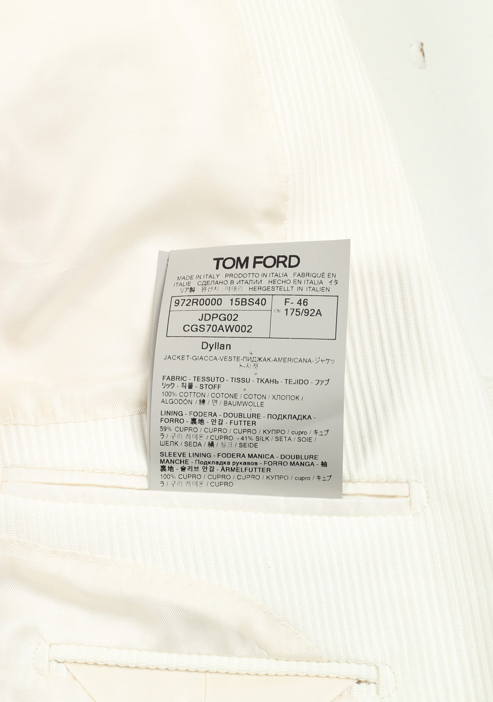 TOM FORD Dyllan Off White Sport Coat Size 46 / 36R U.S.