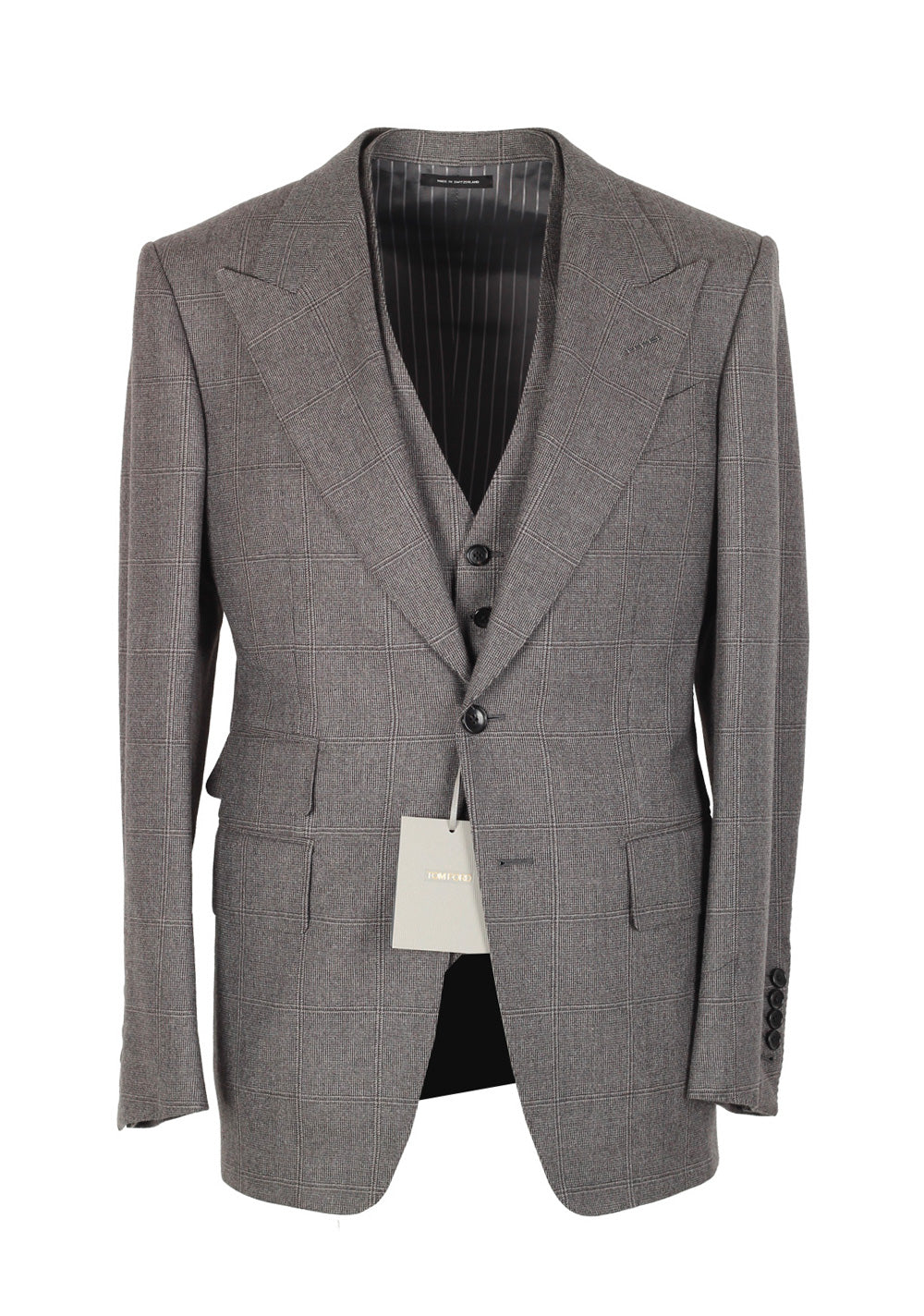 TOM FORD Shelton Gray Checked 3 Piece Suit Size 46 / 36R U.S. Wool