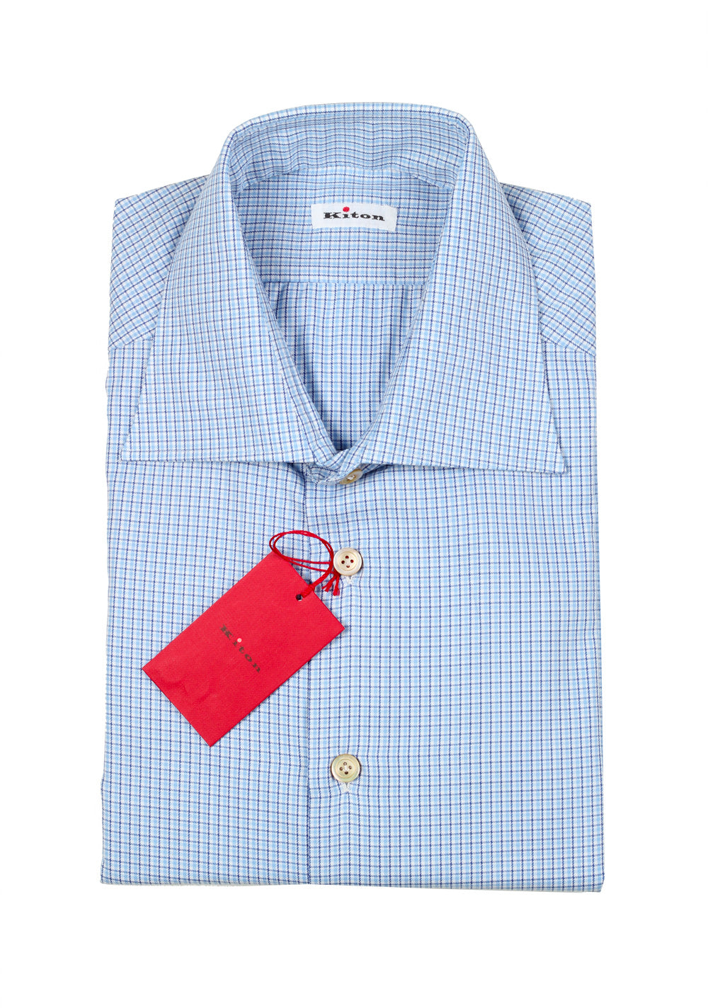 Kiton Checked White Blue Shirt Size 43 / 17 U.S.