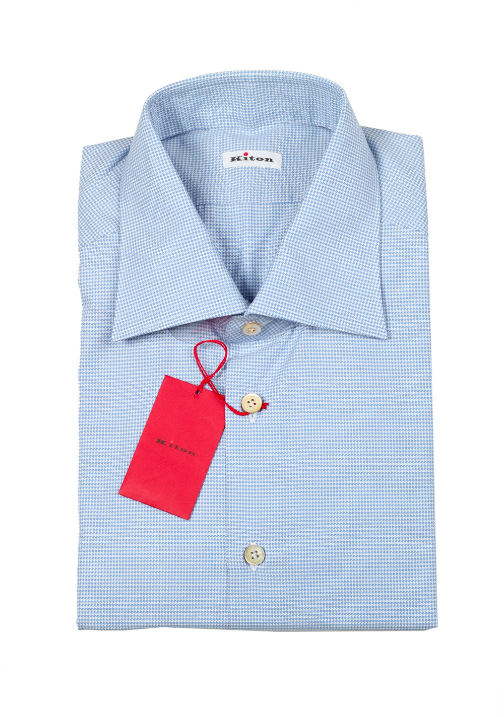 Kiton Houndstooth White Blue Shirt Size 45 / 18 U.S.