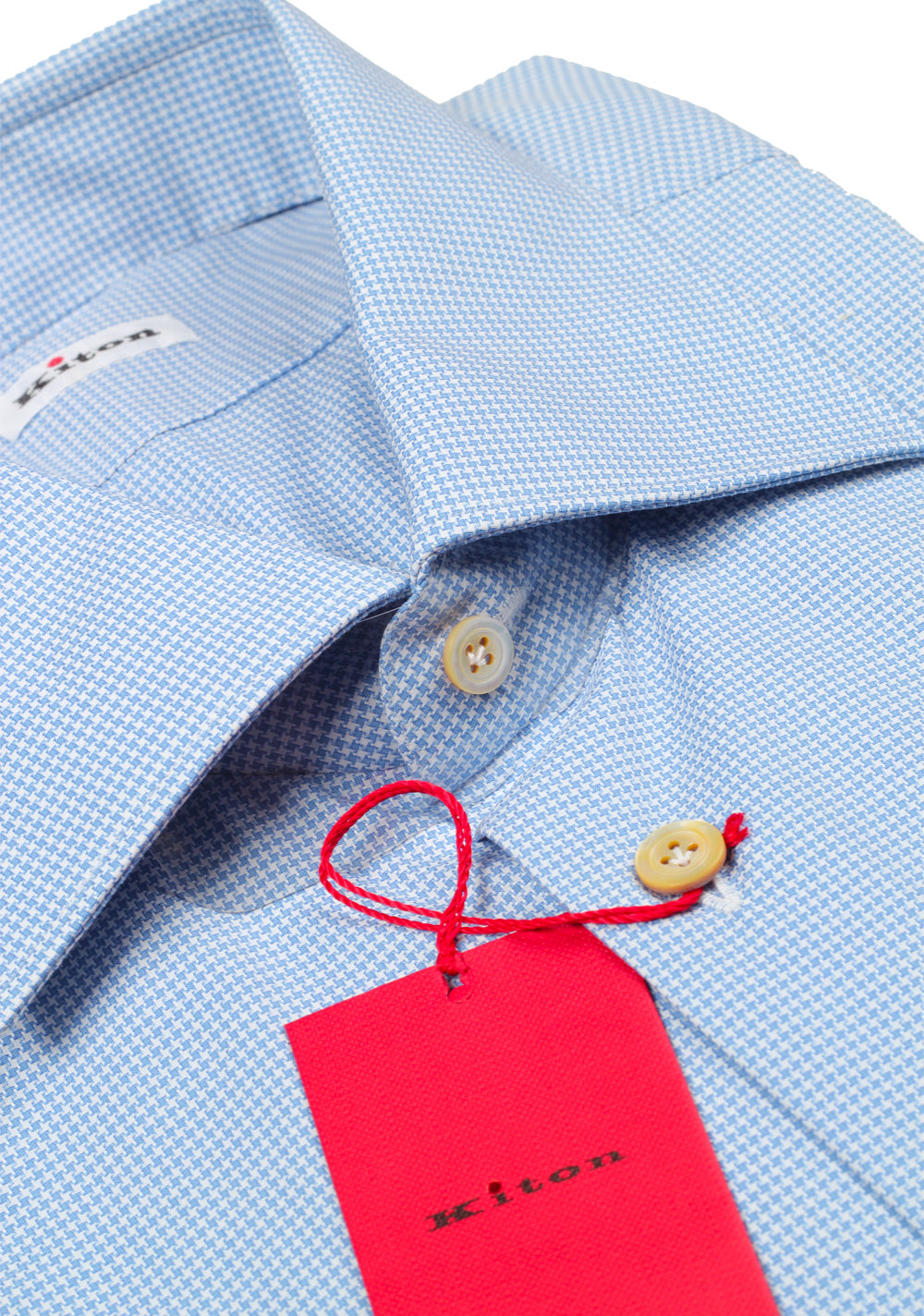 Kiton Houndstooth White Blue Shirt Size 45 / 18 U.S.