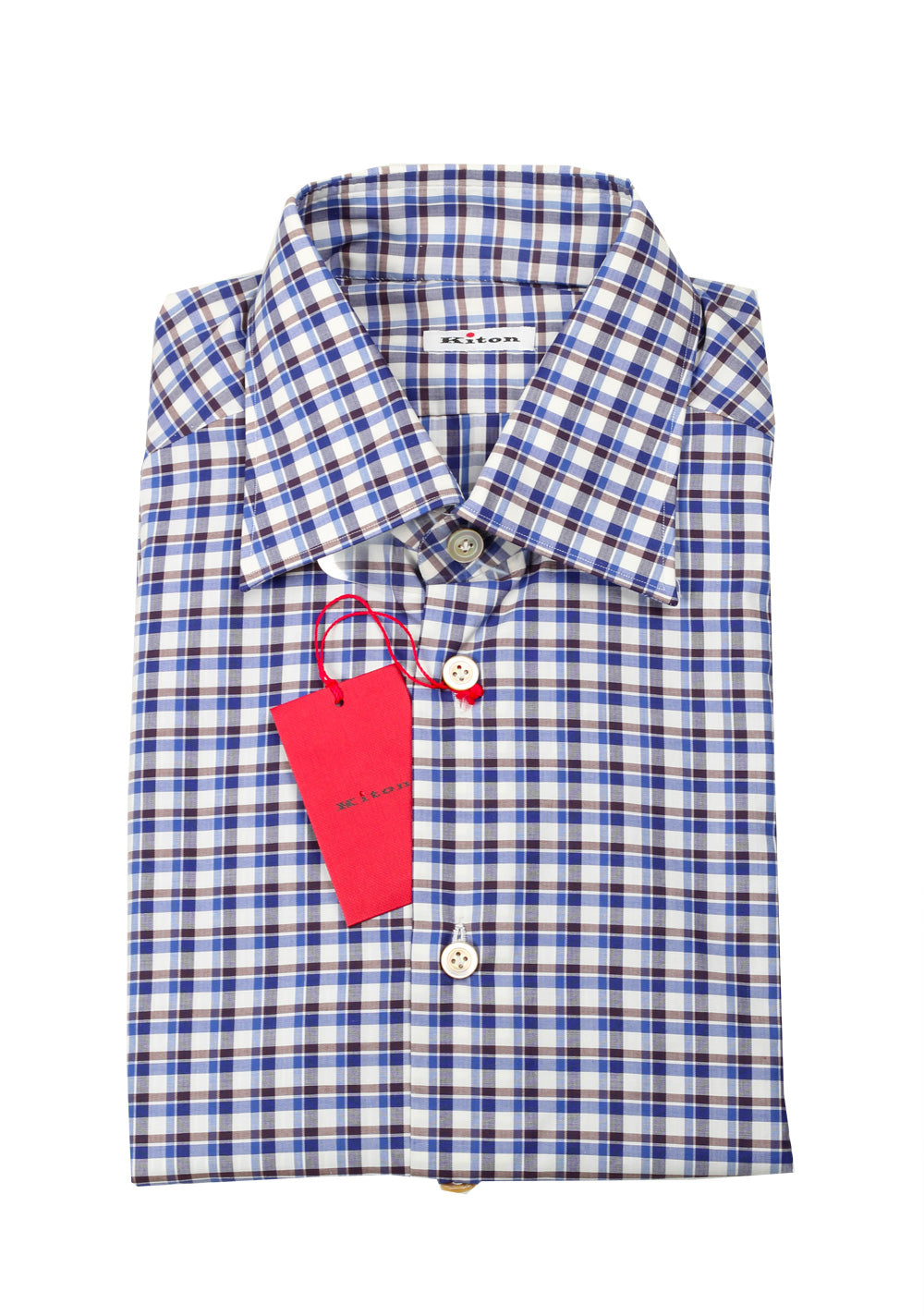 Kiton Checked White Blue Brown Shirt Size 41 / 16 U.S.