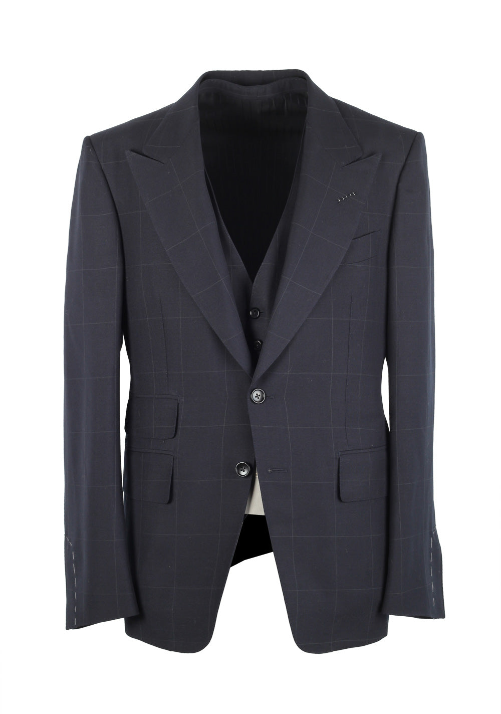 TOM FORD Shelton Checked Blue 3 Piece Suit Size 48C / 38S U.S. In Wool Mohair