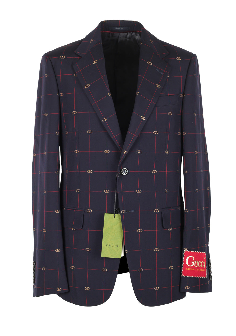 Gucci Blue Red GG Signature Suit Size 46 / 36R U.S. In Wool