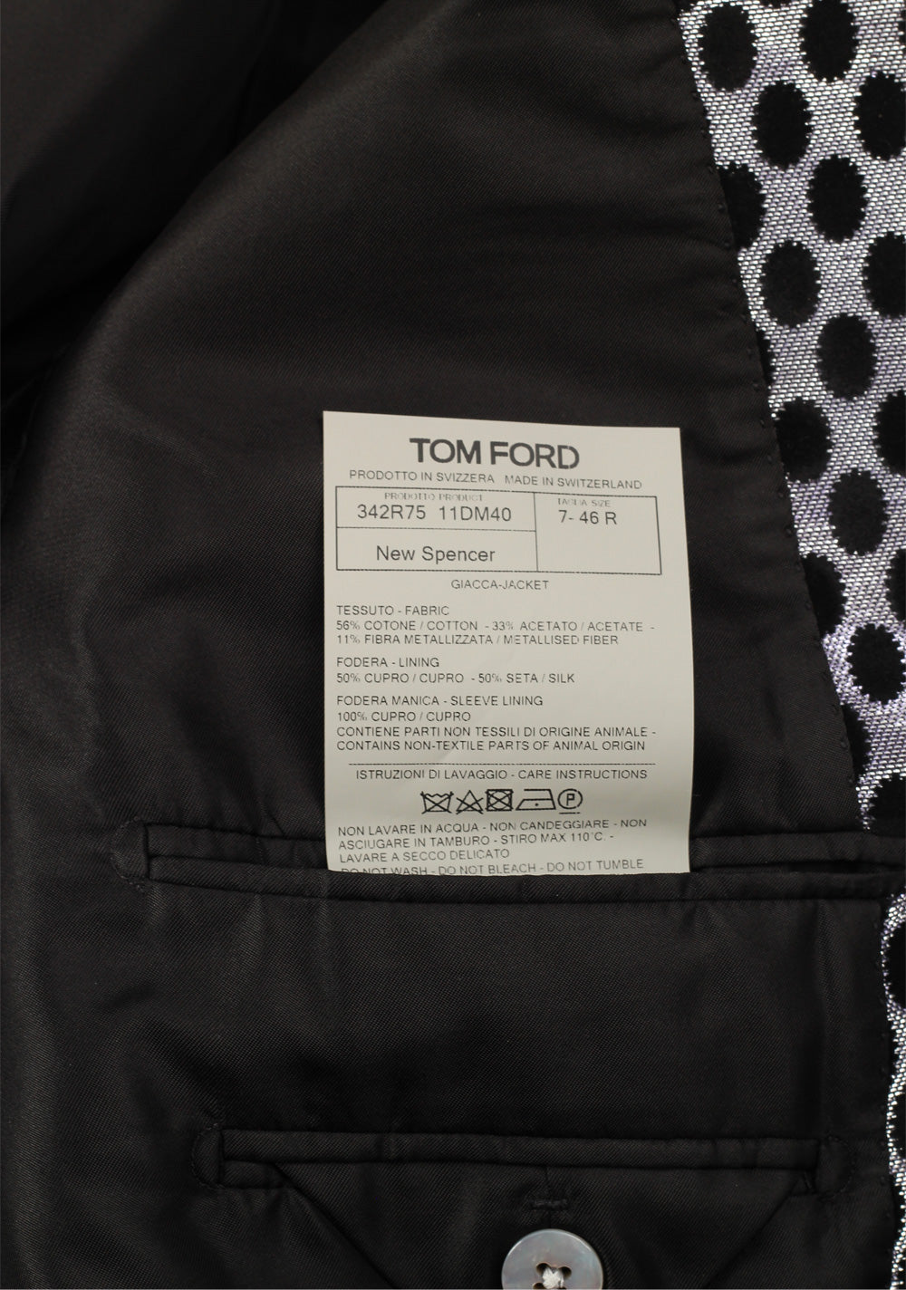 TOM FORD New Spencer Black Silver Sport Coat Size 46 / 36R U.S.