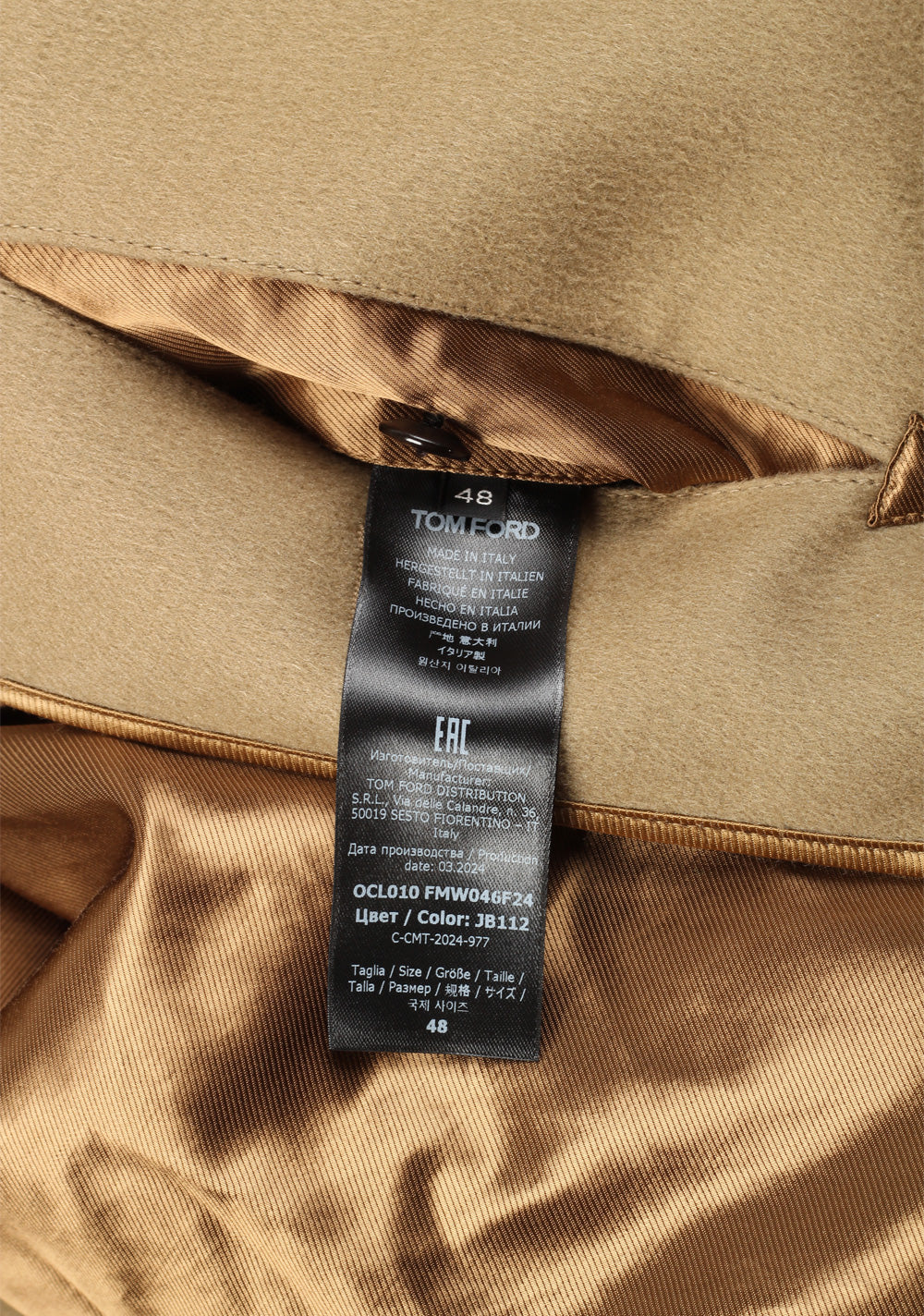 TOM FORD Camel Cashmere Double Breasted Coat Size 48 / 38R U.S.
