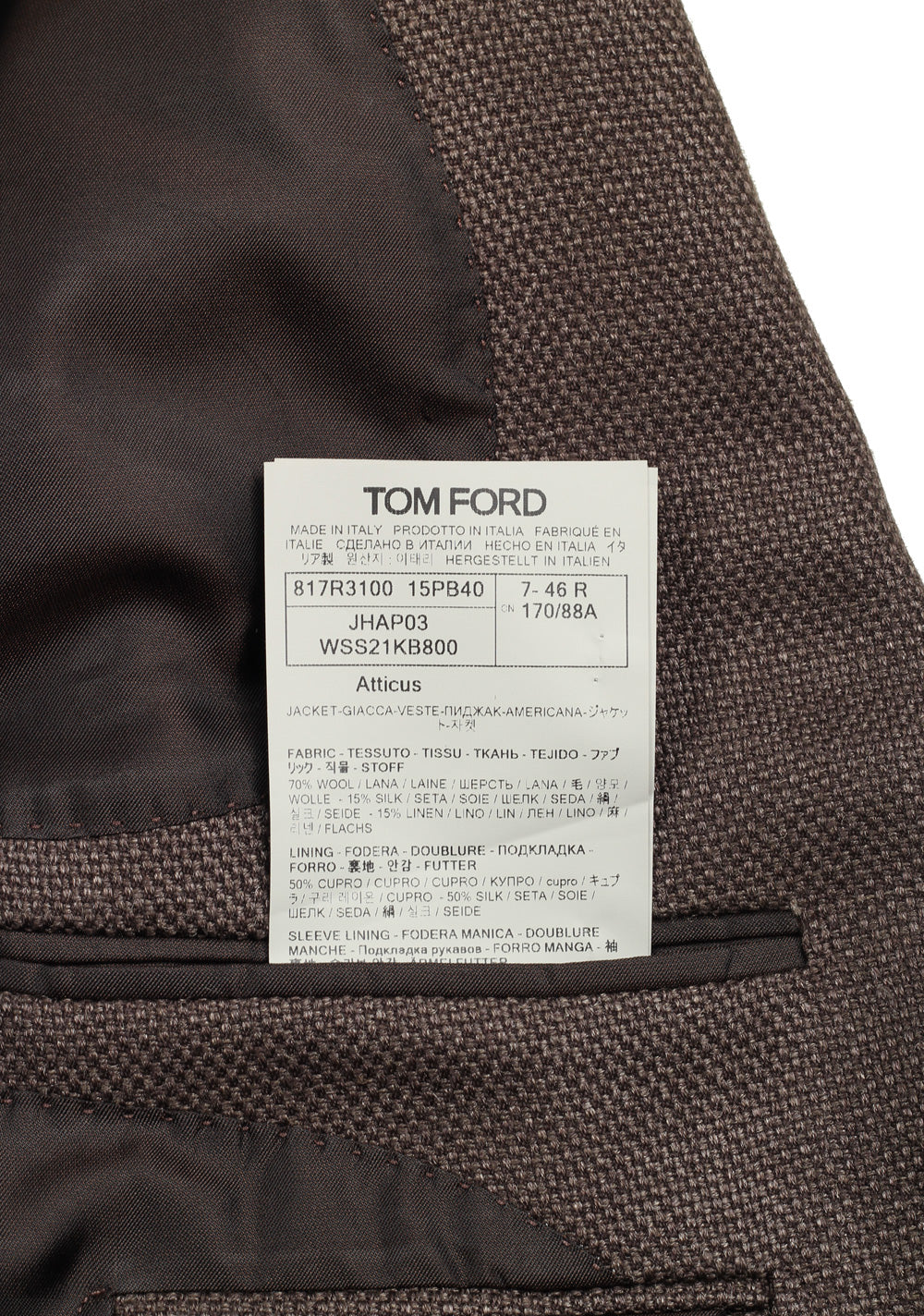 TOM FORD Atticus Brown Solid Sport Coat Size 46 / 36R U.S.