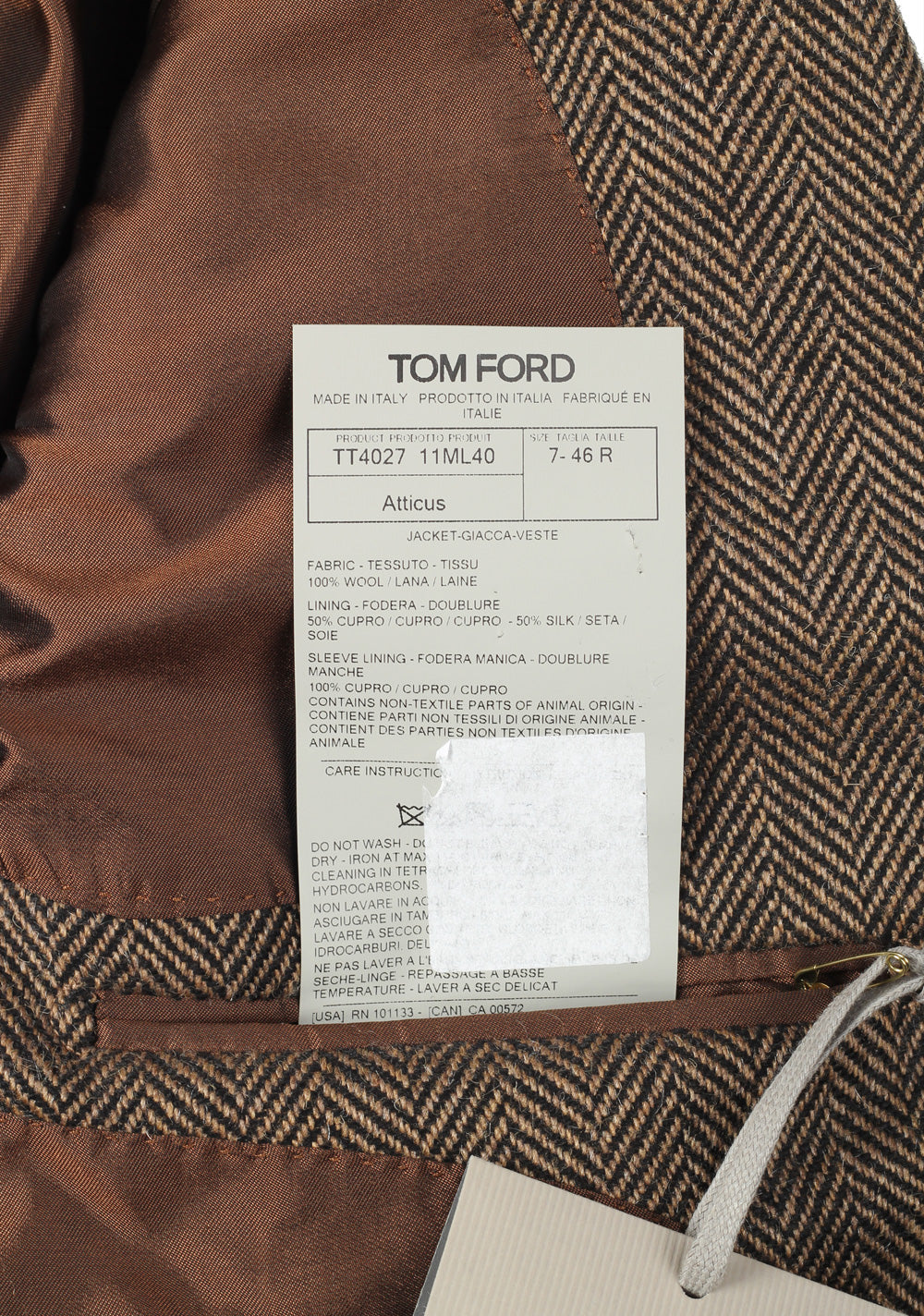 TOM FORD Atticus Brown Solid Sport Coat Size 46 / 36R U.S. in wool