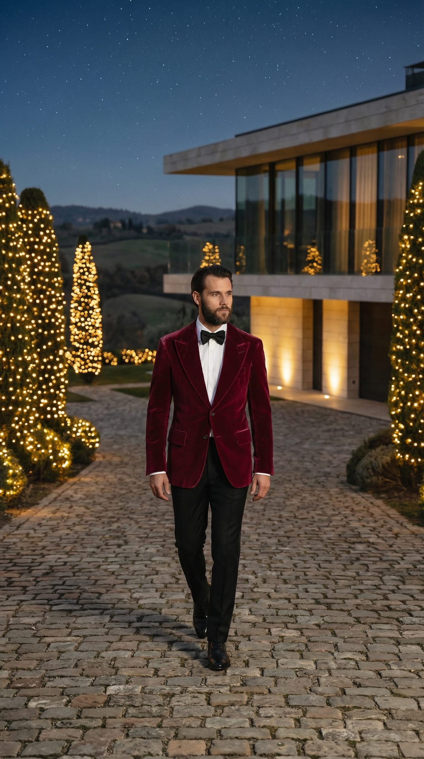 Man in a burgundy velvet dinner jacket walking past lit cypress trees at dusk