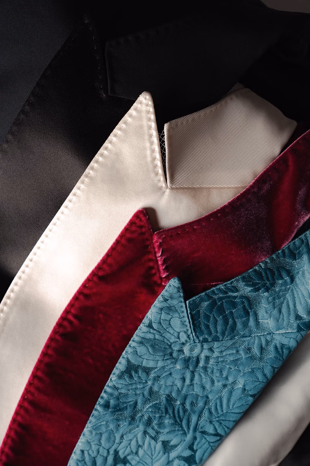 Ivory, burgundy velvet and teal dinner jacket lapels
