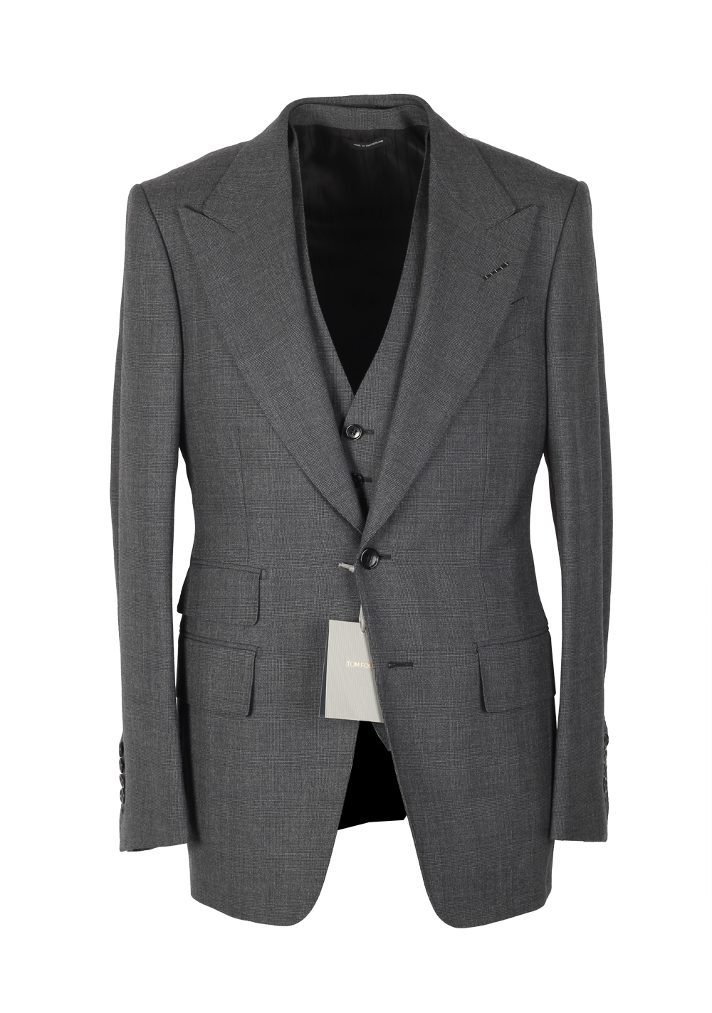 TOM FORD Shelton Gray Checked 3 Piece Suit Size 46 / 36R U.S. Wool | Costume Limité
