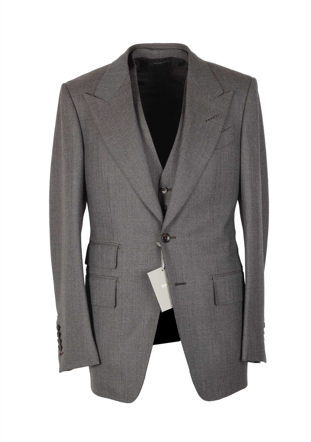 TOM FORD Shelton Brownish Gray Checked 3 Piece Suit Size 46 / 36R U.S. Wool | Costume Limité