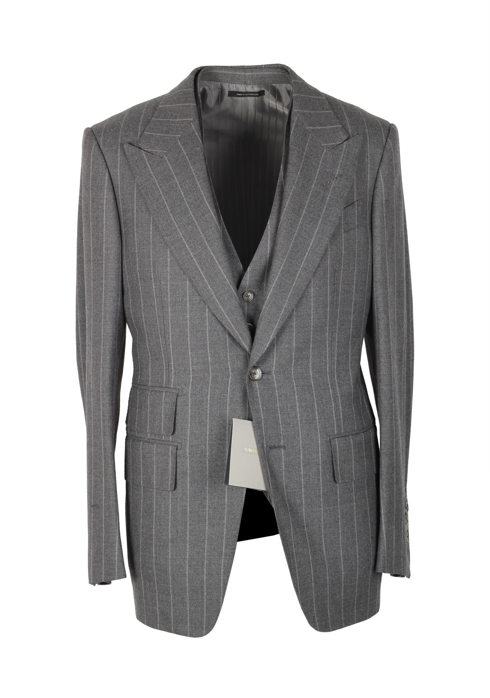 TOM FORD Spencer Gray Striped 3 Piece Suit Size 46 / 36R U.S. Wool Fit D | Costume Limité