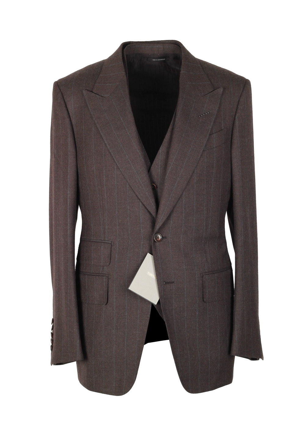 TOM FORD Shelton Brown Striped 3 Piece Suit Size 46 / 36R U.S. Wool | Costume Limité