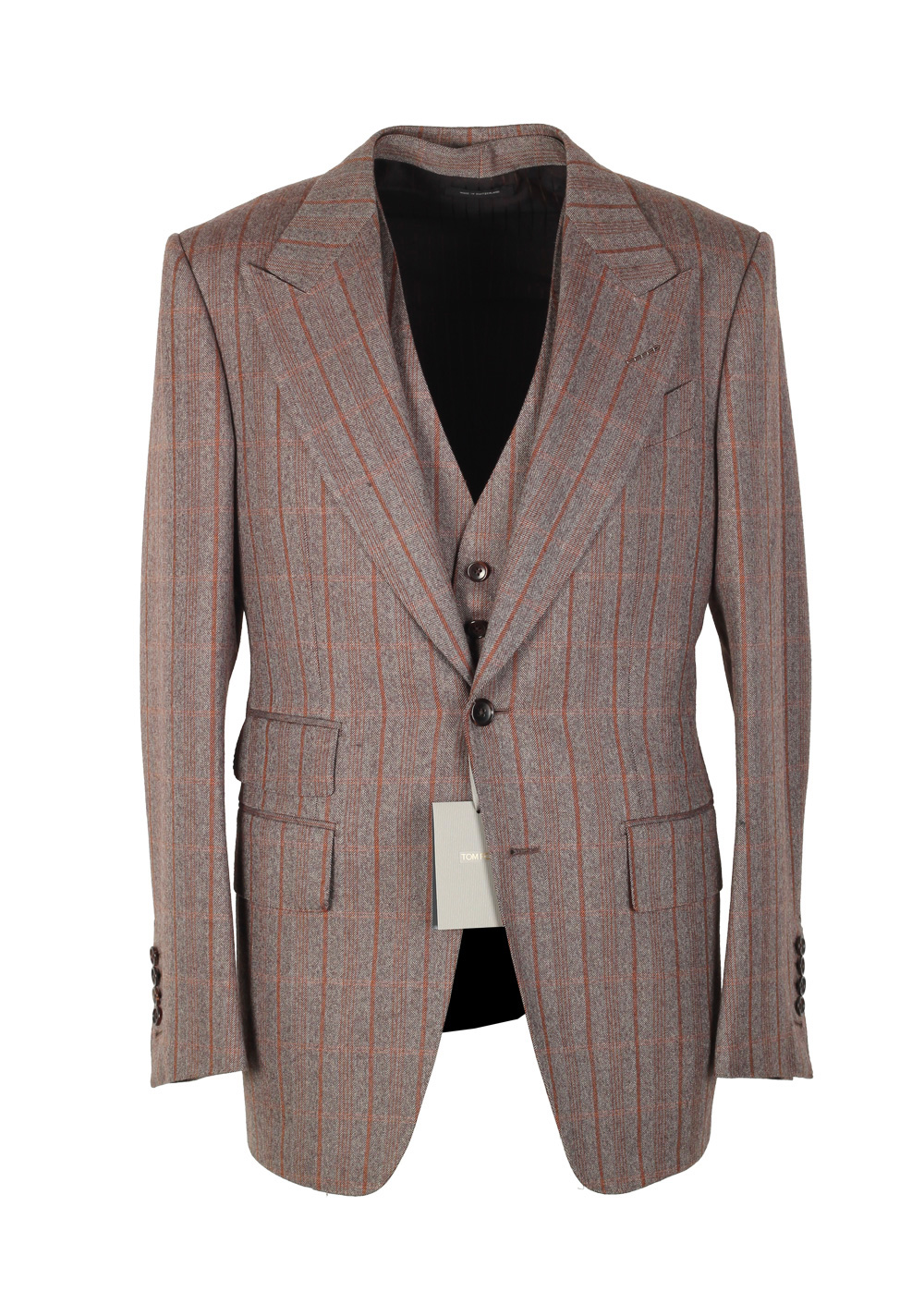 TOM FORD Shelton Brown Checked 3 Piece Suit Size 46 / 36R U.S. Wool | Costume Limité