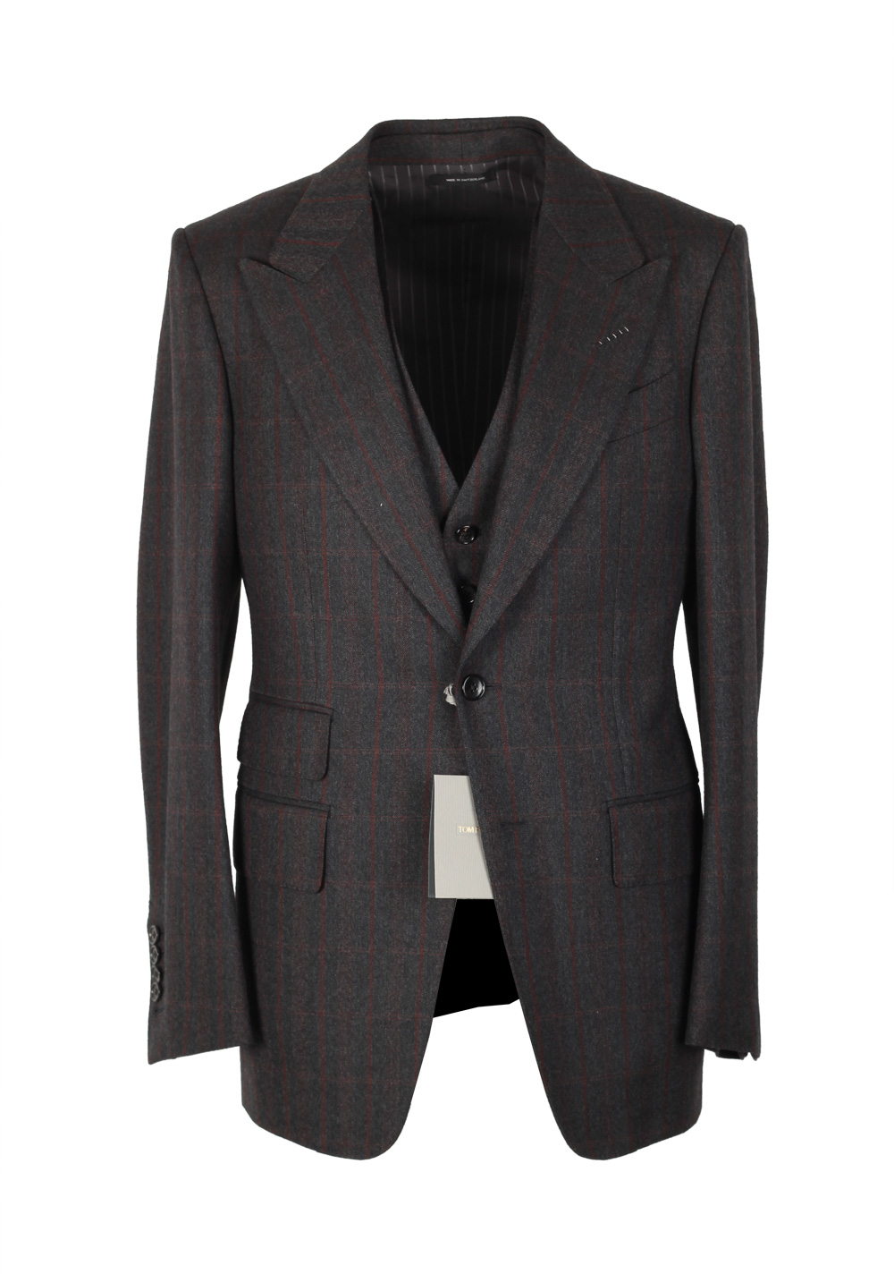 TOM FORD Shelton Gray Checked 3 Piece Suit Size 46 / 36R U.S. Wool | Costume Limité