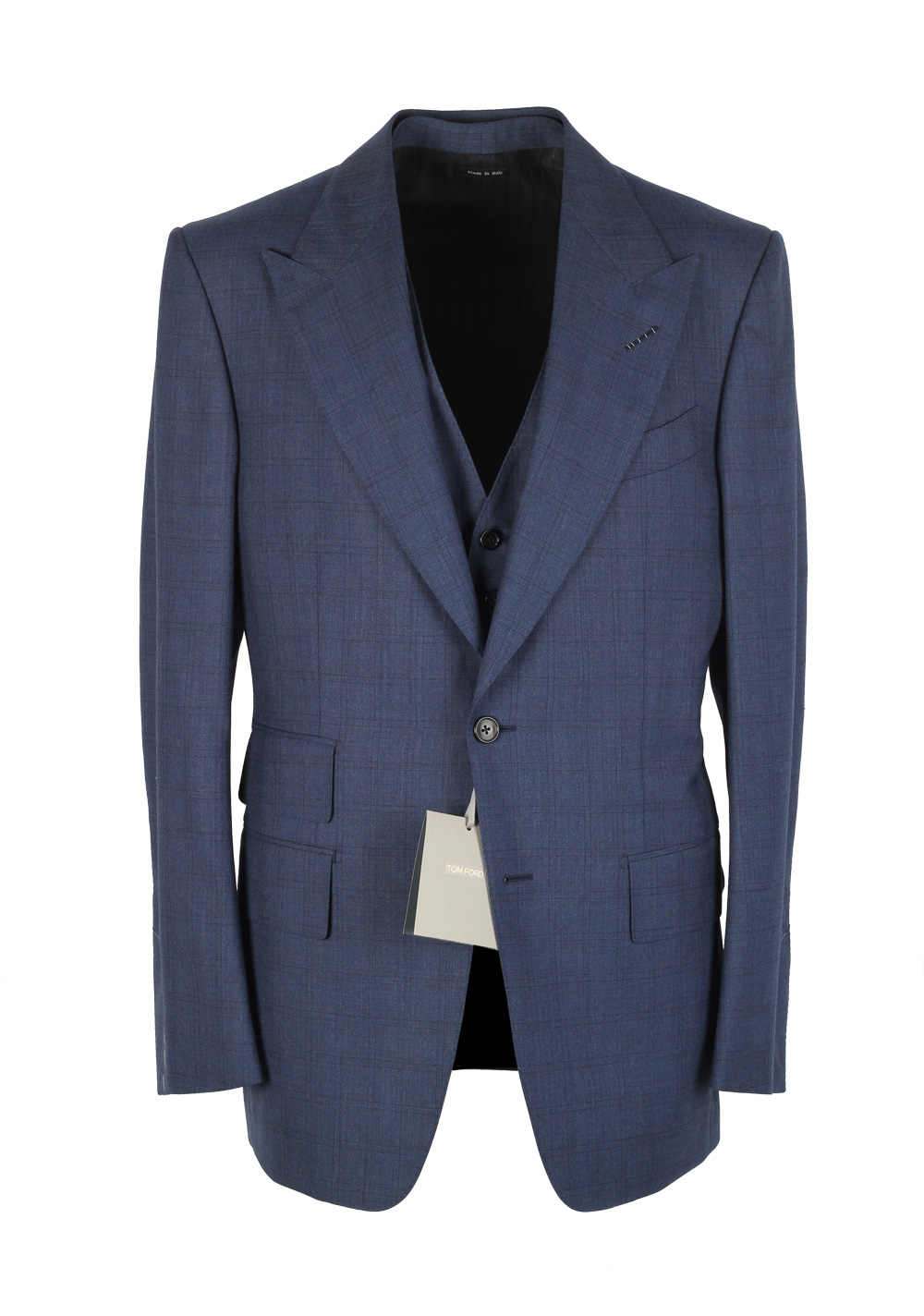 TOM FORD Windsor Checked Blue 3 Piece Suit Size 54 / 44R U.S. Wool Fit A | Costume Limité