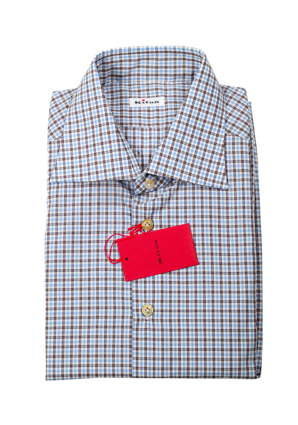 Kiton Checked White Blue Brown Shirt 45 / 18 U.S. | Costume Limité