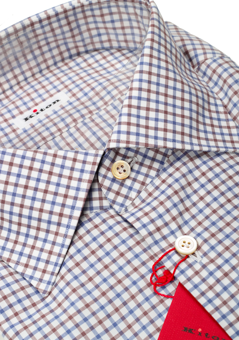 Kiton Checked White Blue Brown Shirt 45 / 18 U.S. | Costume Limité