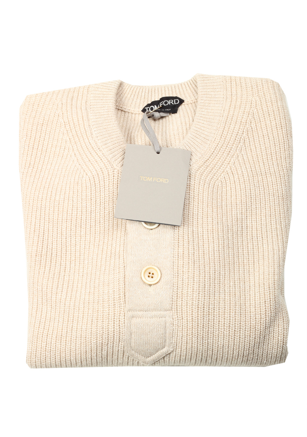 TOM FORD Off White Long Sleeve Henley Sweater Size 48 / 38R U.S. In Cashmere Blend | Costume Limité