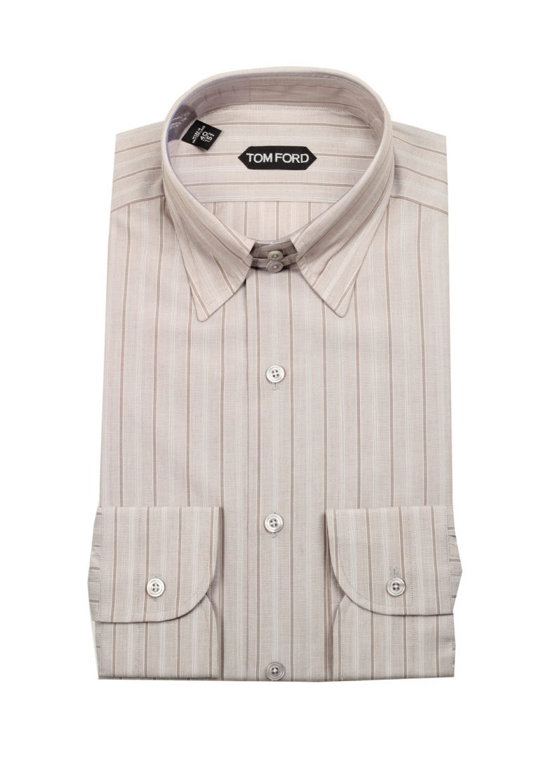 TOM FORD Striped Grayish Beige High Collar Dress Shirt Size 40 / 15,75 U.S. - thumbnail | Costume Limité